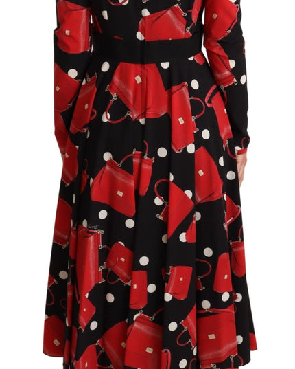 Dolce & Gabbana Black Sicily Bag Print Flared Midi Dress
