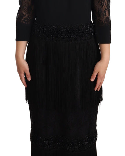 Dolce & Gabbana Black Sheer Floral Lace Crystal Maxi Dress