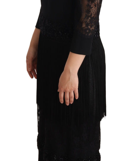 Dolce & Gabbana Black Sheer Floral Lace Crystal Maxi Dress