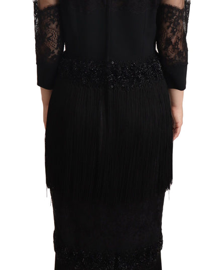 Dolce & Gabbana Black Sheer Floral Lace Crystal Maxi Dress
