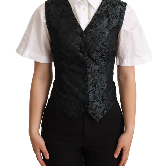 Dolce & Gabbana Black Jacquard Floral Waistcoat Vest Green