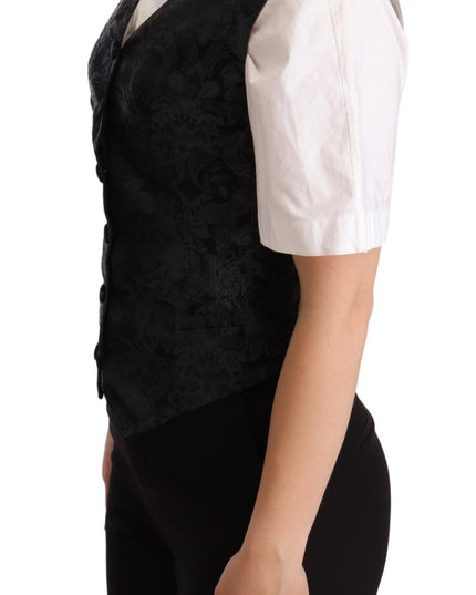 Dolce & Gabbana Black Jacquard Floral Waistcoat Vest Green
