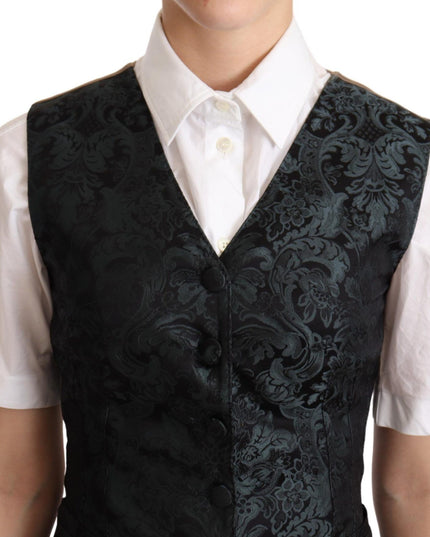 Dolce & Gabbana Black Jacquard Floral Waistcoat Vest Green