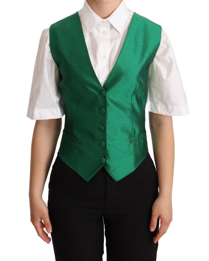 Dolce & Gabbana Green Silk Satin Sleeveless Waistcoat Vest