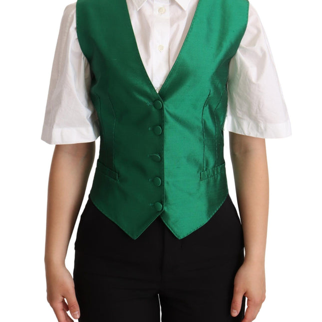 Dolce & Gabbana Green Silk Satin Sleeveless Waistcoat Vest