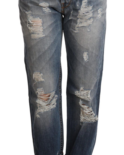 Acht Blue Tattered Mid Waist Straight Denim Trouser