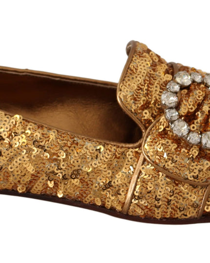 Dolce & Gabbana Gold Sequin Crystal Flat Women Loafers Shoes