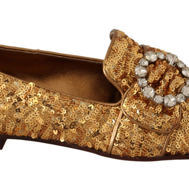 Dolce & Gabbana Gold Sequin Crystal Flat Women Loafers Shoes