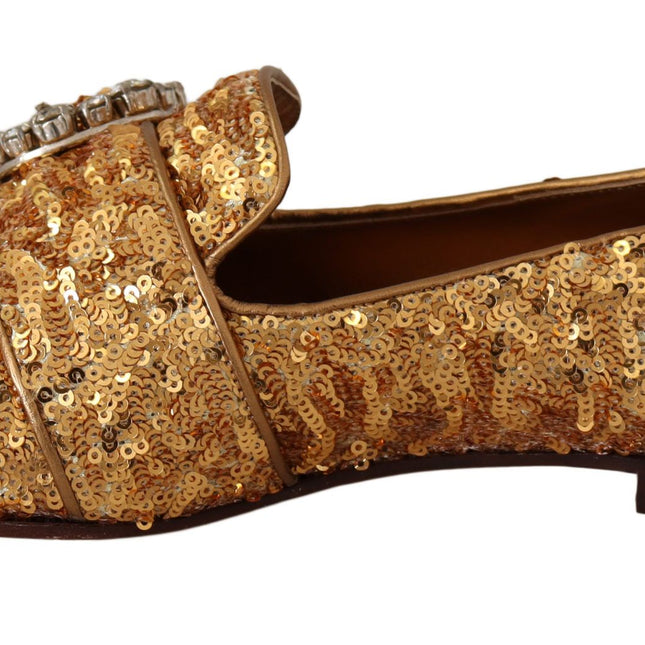 Dolce & Gabbana Gold Sequin Crystal Flat Women Loafers Shoes