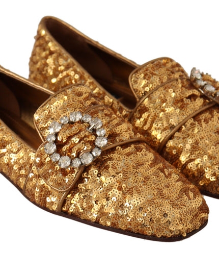 Dolce & Gabbana Gold Sequin Crystal Flat Women Loafers Shoes