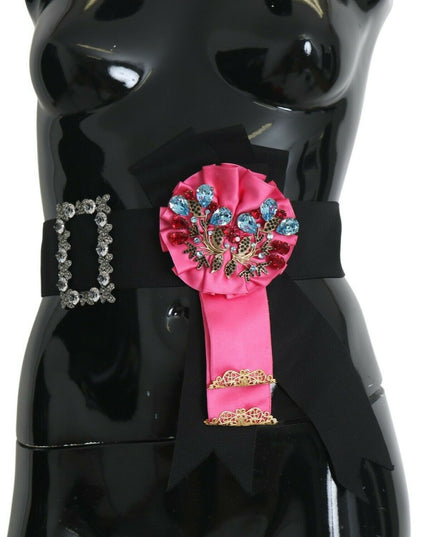 Dolce & Gabbana Black Pink Flower Brooch Crystals Cotton Belt