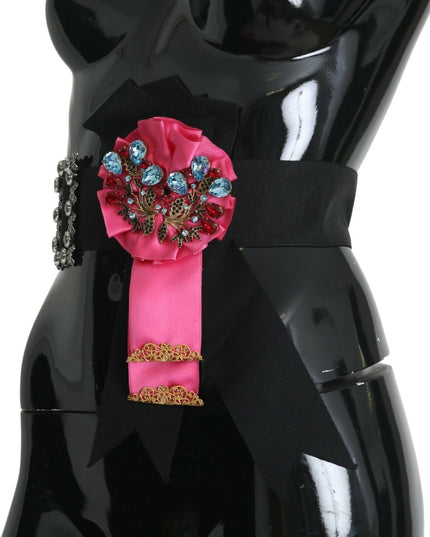 Dolce & Gabbana Black Pink Flower Brooch Crystals Cotton Belt