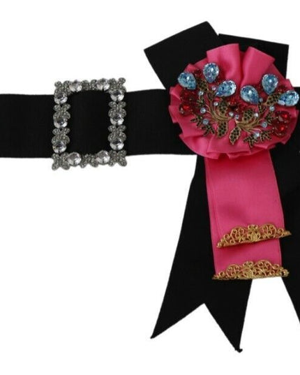 Dolce & Gabbana Black Pink Flower Brooch Crystals Cotton Belt