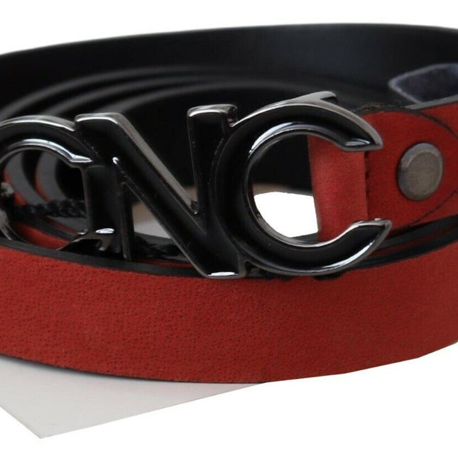 Costume National Red Black Leather Black Logo Buckle Blood Belt