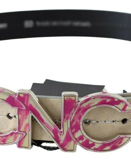 Costume National Beige Leather Pink Letter Logo Buckle Belt