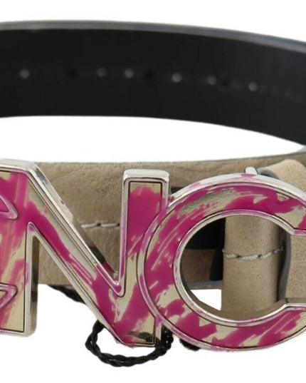 Costume National Beige Leather Pink Letter Logo Buckle Belt