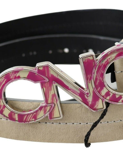 Costume National Beige Leather Pink Letter Logo Buckle Belt