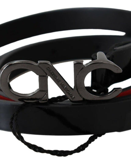 Costume National Black Skinny Leather Logo Buckle Belt