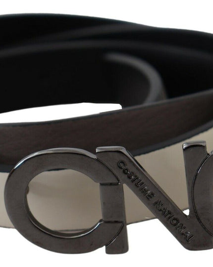 Costume National White Black Leather Letter Logo Buckle Belt