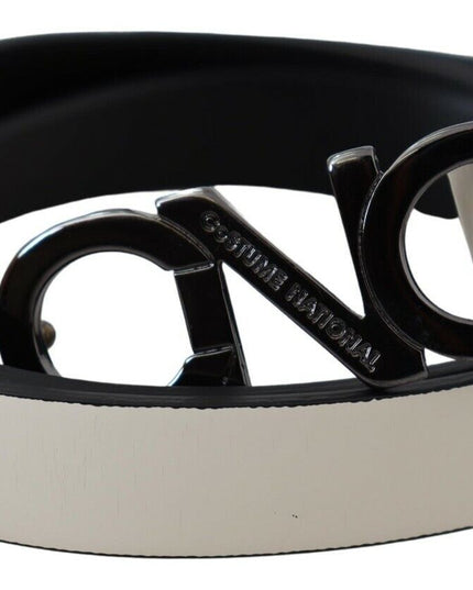 Costume National White Black Leather Letter Logo Buckle Belt