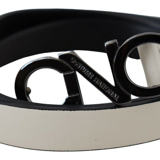 Costume National White Black Leather Letter Logo Buckle Belt