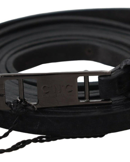 Costume National Black Leather Skinny Logo Buckle Belt