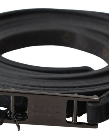 Costume National Black Leather Skinny Logo Buckle Belt