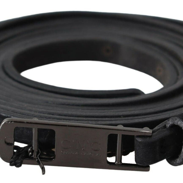 Costume National Black Leather Skinny Logo Buckle Belt