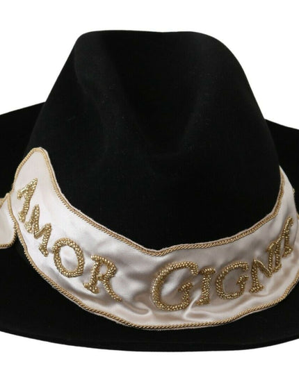 Dolce & Gabbana Black Lapin Amor Gignit Wide Brim Panama Hat