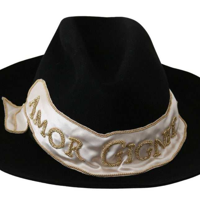 Dolce & Gabbana Black Lapin Amor Gignit Wide Brim Panama Hat