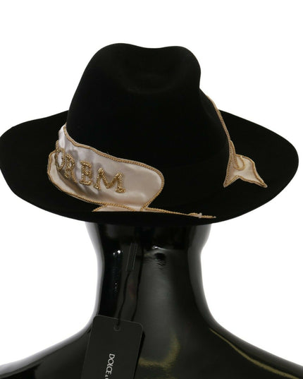 Dolce & Gabbana Black Lapin Amor Gignit Wide Brim Panama Hat