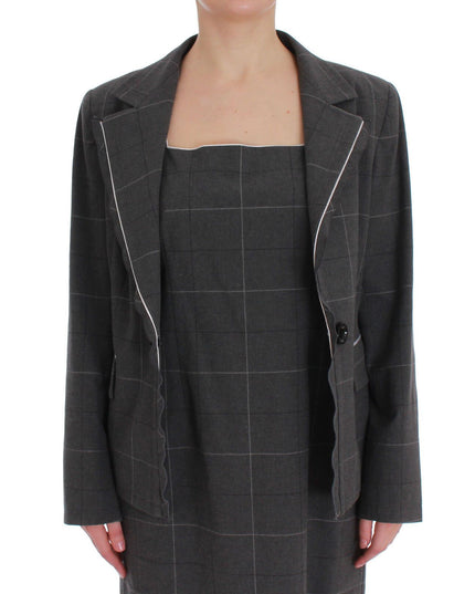 BENCIVENGA Gray Checkered Cotton Blazer Dress Set Suit