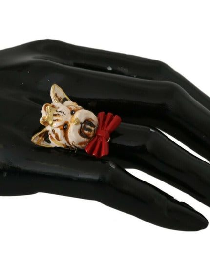 Dolce & Gabbana Gold Brass Resin Beige Dog Pet Branded Accessory Ring