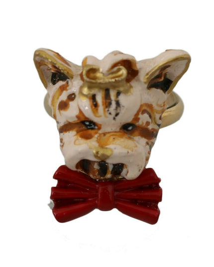 Dolce & Gabbana Gold Brass Resin Beige Dog Pet Branded Accessory Ring