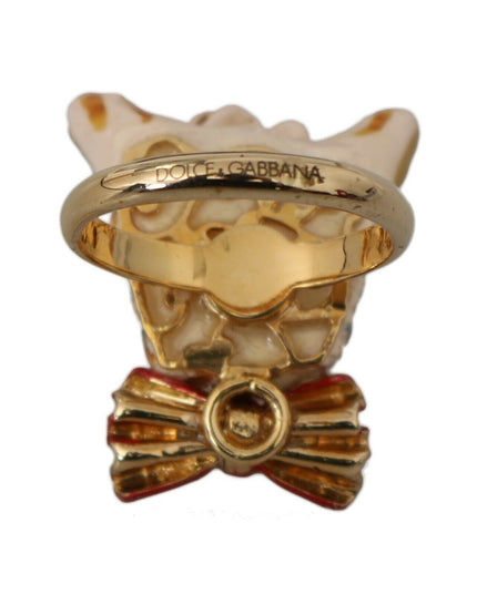 Dolce & Gabbana Gold Brass Resin Beige Dog Pet Branded Accessory Ring