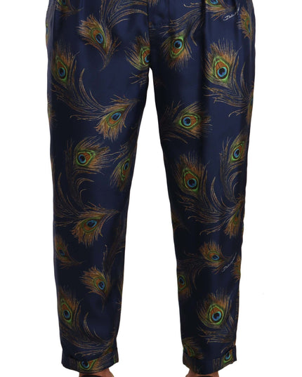 Dolce & Gabbana Blue Peacock Print Tapered Trousers Silk Pants
