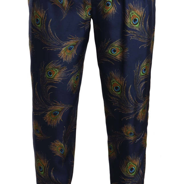 Dolce & Gabbana Blue Peacock Print Tapered Trousers Silk Pants