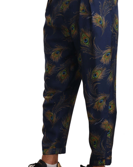 Dolce & Gabbana Blue Peacock Print Tapered Trousers Silk Pants