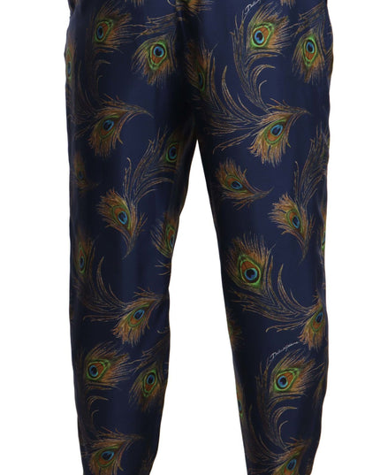 Dolce & Gabbana Blue Peacock Print Tapered Trousers Silk Pants