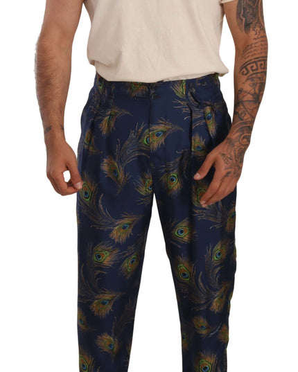 Dolce & Gabbana Blue Peacock Print Tapered Trousers Silk Pants