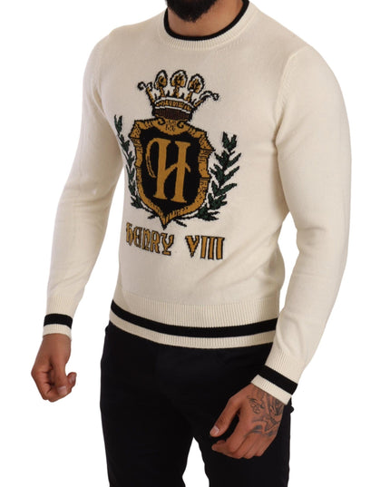 Dolce & Gabbana White Heraldic Cashmere Pullover Sweater