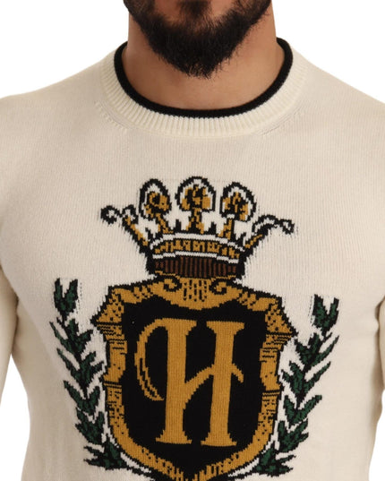 Dolce & Gabbana White Heraldic Cashmere Pullover Sweater