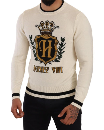 Dolce & Gabbana White Heraldic Cashmere Pullover Sweater
