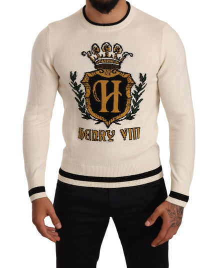 Dolce & Gabbana White Heraldic Cashmere Pullover Sweater