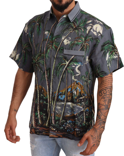 Dolce & Gabbana Gray Linen Tropical Print Collared Shirt