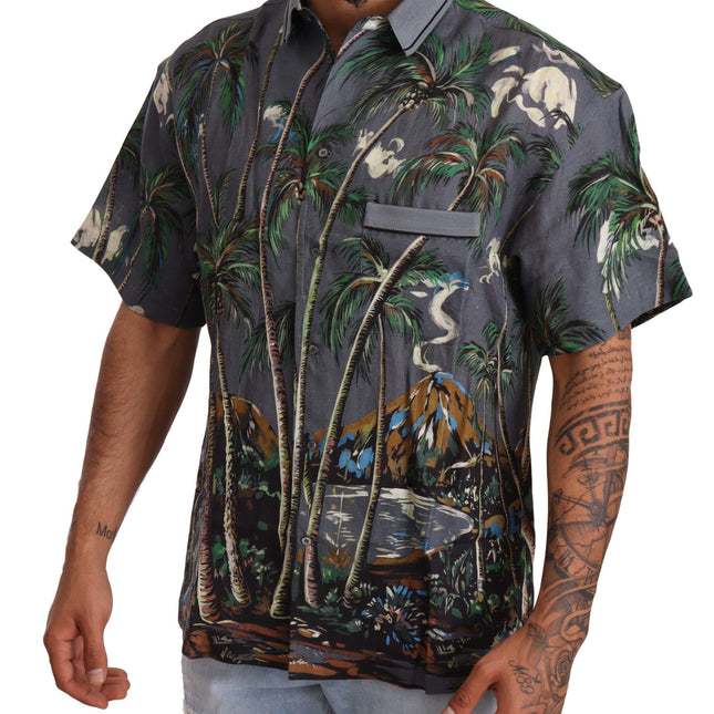 Dolce & Gabbana Gray Linen Tropical Print Collared Shirt