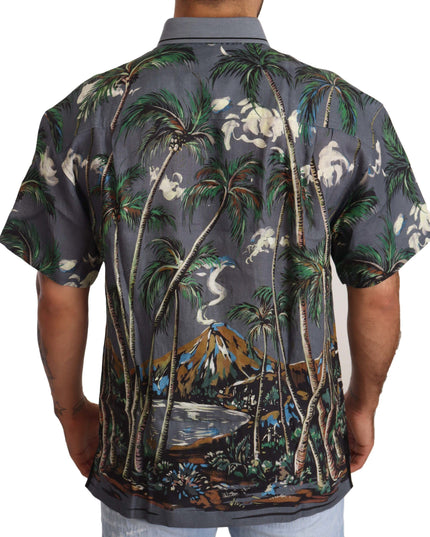 Dolce & Gabbana Gray Linen Tropical Print Collared Shirt
