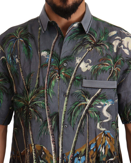 Dolce & Gabbana Gray Linen Tropical Print Collared Shirt