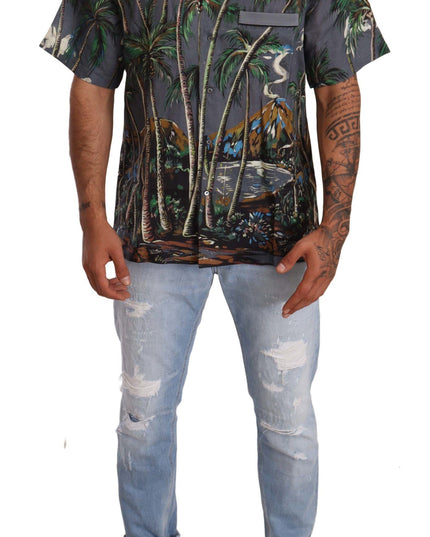Dolce & Gabbana Gray Linen Tropical Print Collared Shirt