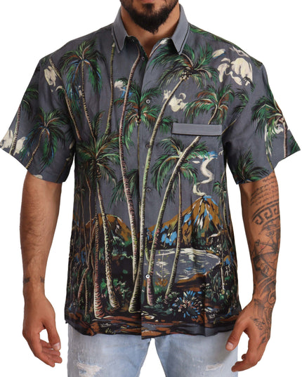 Dolce & Gabbana Gray Linen Tropical Print Collared Shirt
